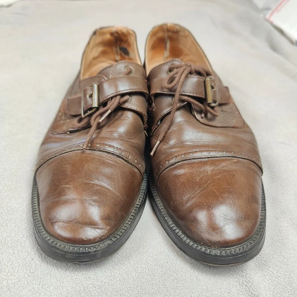 Vintage YSL Yves Saint Laurent Dress Shoes Men 7 Brown Leather Oxford Monk Strap